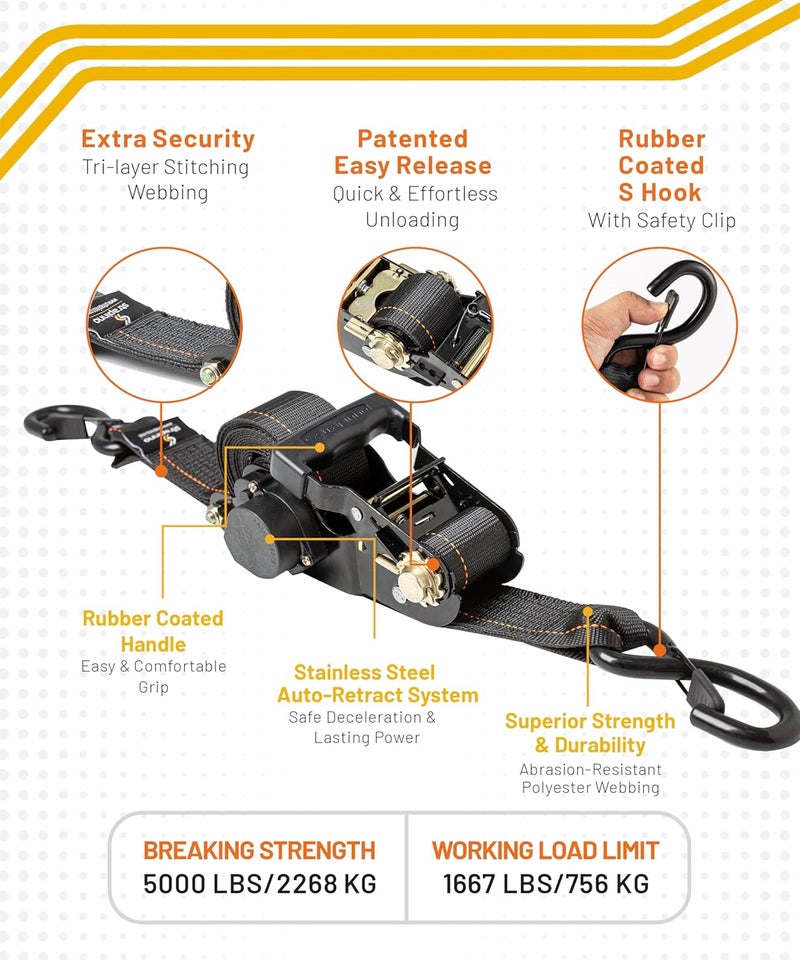 Strapinno Retractable Ratchet Tie-Down Straps,5,000 lbs Breaking Strength- 2 in x 12 ft Heavy Duty Ratchet Strap with Safety Lock S Hooks for Motorcycles, ATVs, UTVs, Lawn Equipment & Cargo (Black) - Image 2